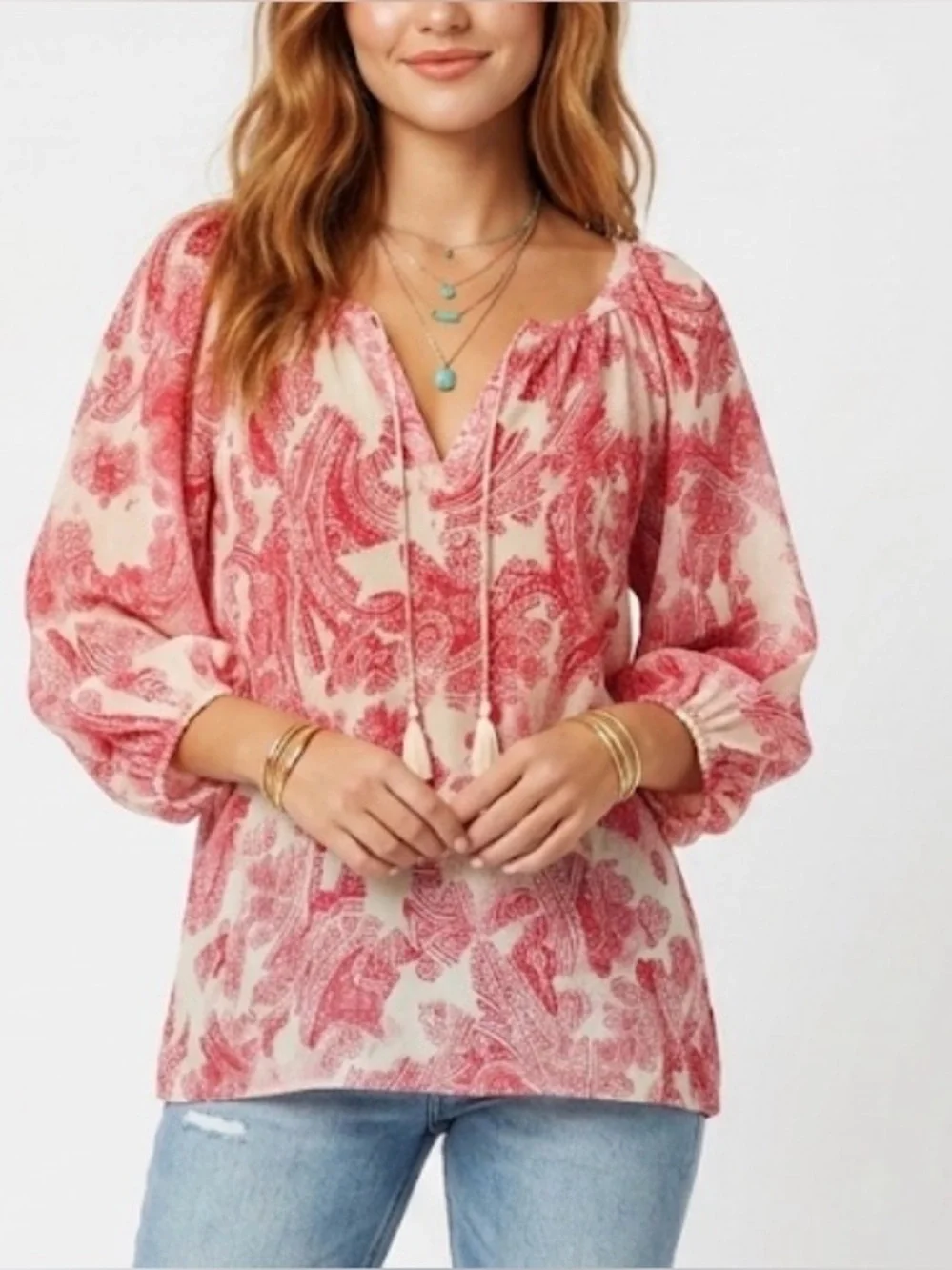 Banana Republic Pink Paisley 100% Silk Peasant Top M